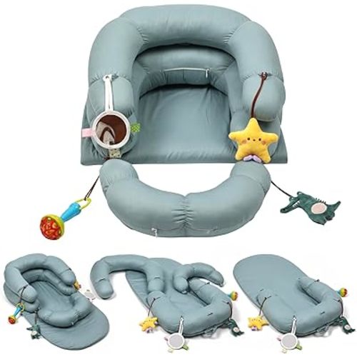 2-in-1 Tummy Time Mat & Seated Support Cushion for Newborns and Older Babies - Baby Tummy Time Support Cushion with Detachable Cushion and Toys (Lakeblue）