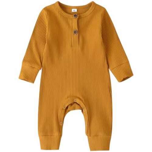 Newborn Baby Boy Girl Romper Infant Long Sleeve Solid Ribbed Button Clothes Bodysuit Jumpsuit