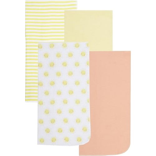 EVERYDAY KIDS 4 Pack of Soft Flannel Receiving Baby Blanket Set for Girls and Boys; Yellow and Peach Orange Baby Swaddle Blankets with Smiling Sun Designs for Newborn Baby Girl or Boy Nursery