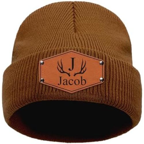 Custom Beanie Hat for Baby Boys Girls Personalized Leather Patch Toddler Beanie for Baby Adults Winter Kids Knit Hats