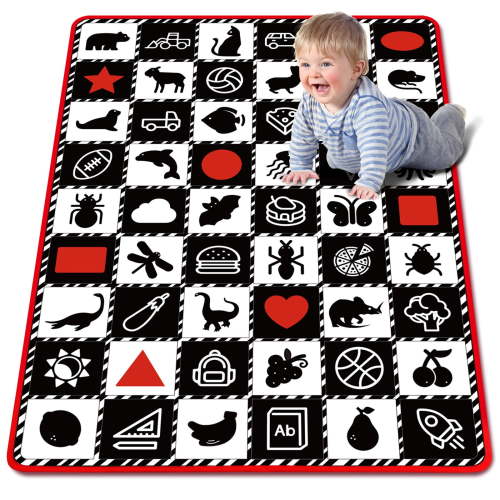 teytoy Baby Mat for Floor,Baby Tummy Time Mat- Black and White High Contrast Interactive Activities Mat,Baby Play Mats for Babies Newborn and Toddlers for Early Learning, Animal Fruits Shapes Vehicles