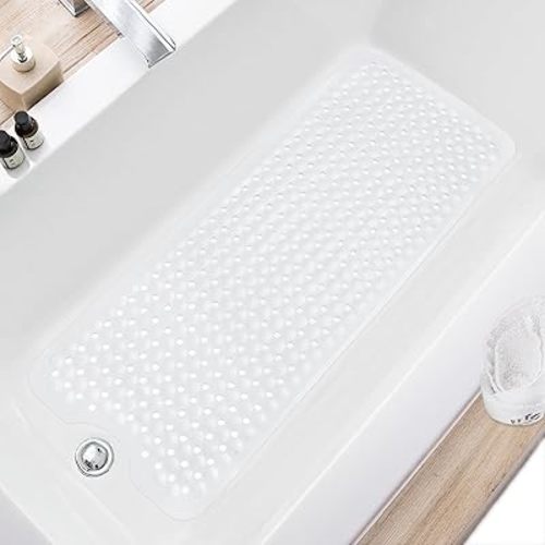 Bath Tub and Shower Mats, Non Slip 40 x 16 Inch Extra Large Bathtub Mat, Machine Washable Bathmat with Drain Holes, Suction Cups for Bathroom Floor, White