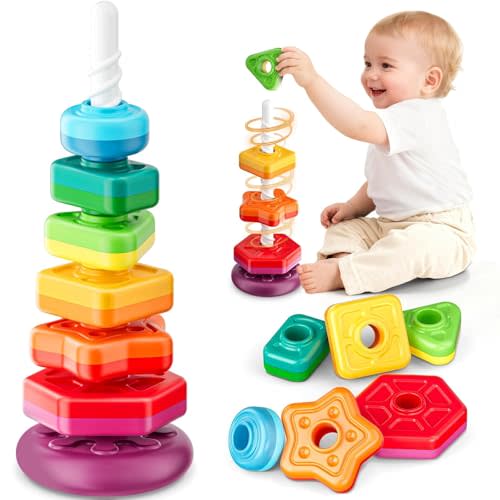 Baby Spinning Stacking Toys for Toddlers 1-3, Sensory Montessori Toys for One Year Old Girl Boy, Rainbow Ring Stacker Tower, Educational Learning Toy, Perfect Christmas Birthday Gifts