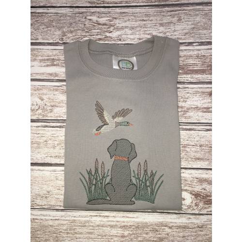Boy's Dog ROMPER; Boy's duck romper; Dog and duck; hunting romper; Mallard duck; Black lab; Duck hunting romper