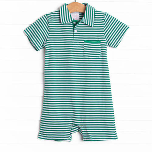 Wesley Short Romper, Forrest Green Stripe – Stitchy Fish