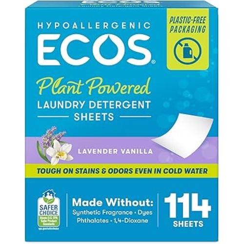 ECOS Laundry Detergent Sheets Vegan, No Plastic Jug, No Mess, Liquid Free - Hypoallergenic, Plant Powered Laundry Detergent Sheet - Lavender Vanilla - 114 Count (Pack of 1)