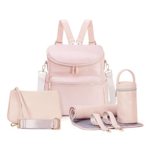 Minsong Diaper Bag Backpack, Fashion Leather Mommy Backpacks, Travel Baby Diaper Bags with in Bag Organizer and Changing Pad (Pink)