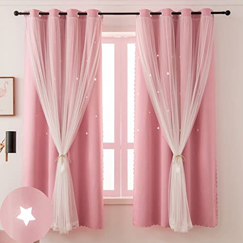 Ftinala Pink Blackout Curtains for Girls Bedroom Cute- Aesthetic Star Cutout Double Layer with Sheer Overlay, 84 Inches Long, 1 Panel Baby Nursery Curtains Kids Room Decor Drapes