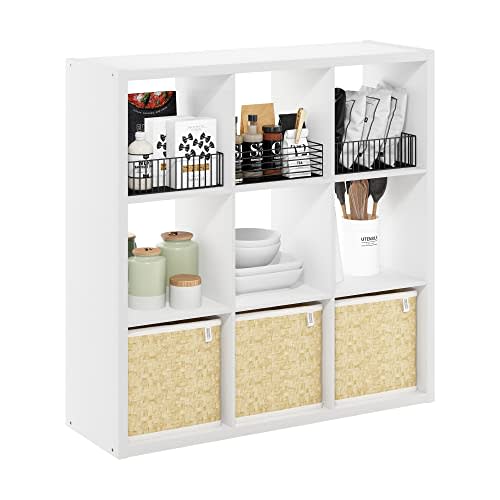Furinno Cubicle Open Back Decorative Cube Storage Organizer, 9-Cube, White | 14.6" x 44" x 44", Reversible Bookcase with Open Back, for Living Room, Bedroom, Home Office