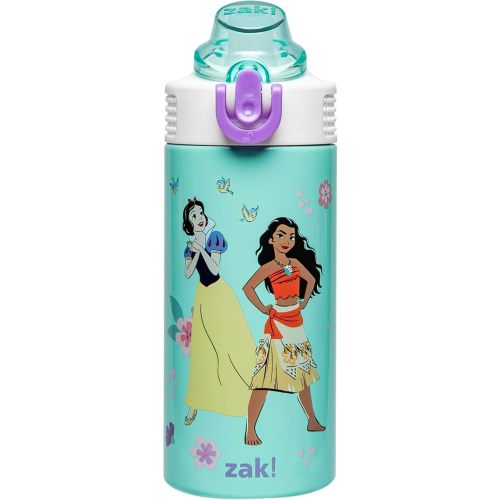 Zak Designs Disney Princess Kids Water Bottle For School or Travel, 14oz Stainless Steel Water Bottle With Straw, Handle, and Leak-Proof, Pop-Up Spout Cover (Ariel, Moana, Snow White, Tiana)