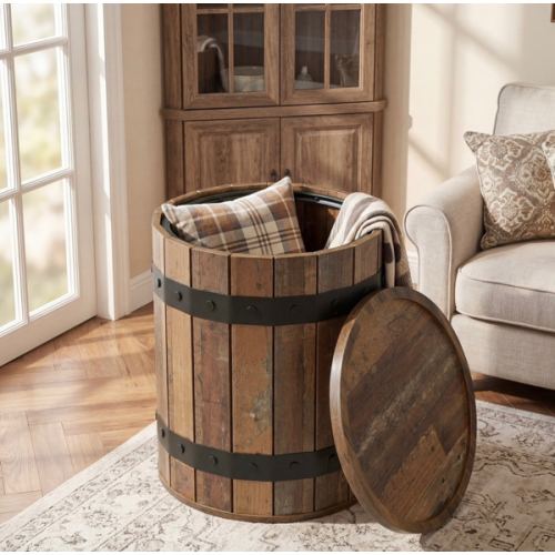 Barrel End Table Countryside Farmhouse Side Table with Storage, Round Accent Table for Living Room Bedrrom