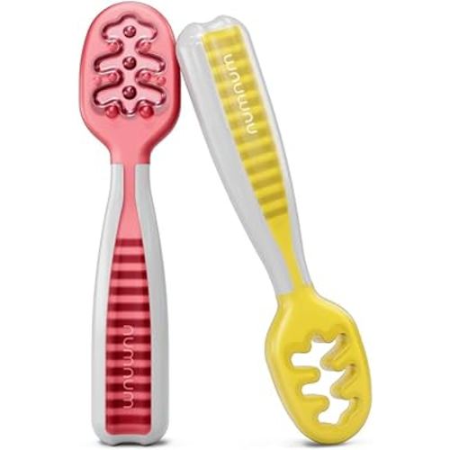 NumNum Baby Spoons Set, Baby Essentials Pre-Spoon GOOtensils for 6+ Months, First Stage Self-Feeding Spoons for Baby Led Weaning (BLW), Silicone Toddler Utensils, BPA-Free, 2 Pack Red/Yellow