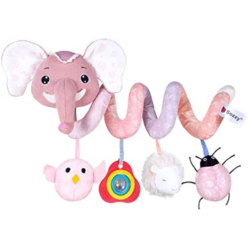 Jollybaby Crib Stroller Car Seat Toys for Baby 0-3-6-9-12 Months, Tummy Time Hanging Sensory Toys for Newborn with Music Box and Teether, Spiral Carseat Toy for Boys Girls Gifts (11-Sz Pink Elephant)