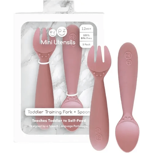ezpz Mini Utensils - 12 Months+ (Fork & Spoon in Blush) - 100% BPA Free Fork and Spoon - Toddler Utensils - Designed by a Pediatric Feeding Specialist