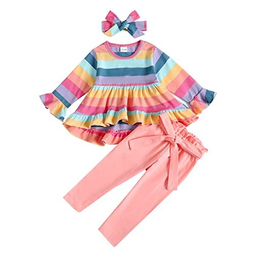 Kucnuzki Baby Girl Clothes Toddler Girl Outfit Ruffle Sleeve Shirt Floral Pant Set Fall Winter Clothing for Girl