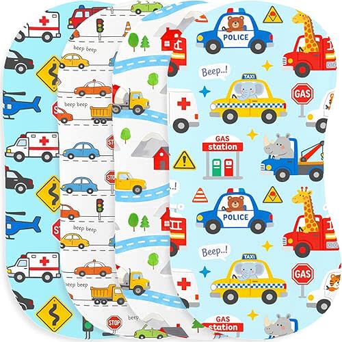 4 Pack Blue Burp Cloths Baby for Boys Girls,Soft Cotton,Traffic Car Theme Design,Super Absorbent Burping Clothes Burp Rags for Newborn,Machine Washable and Reusable Baby Spit-Up Cloths,20x10inches