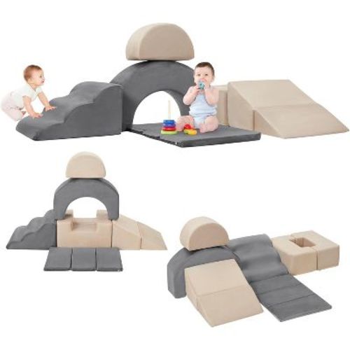 7pcs Soft Foam Climbing Blocks for Toddlers, Indoor Climb Crawl Playset with Slide Stairs Ramp, Home Kindergarten Use, Grey & Beige