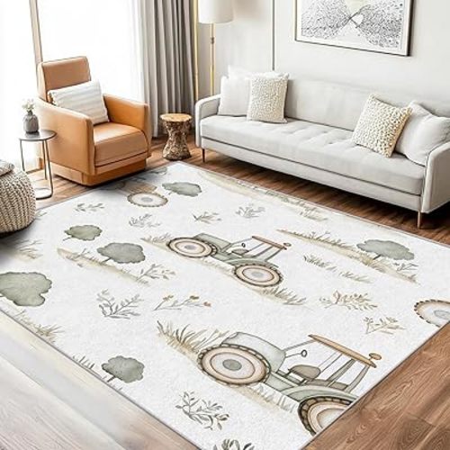 Tractor Area Rug 3x5 - Cartoon Car Rugs for Kids Boys Girls Bedroom Decor, Tractor Non Slip Washable Carpet for Nursery Playroom