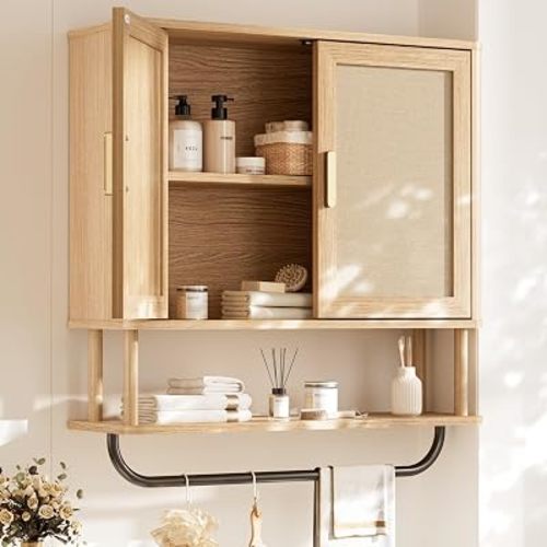 Rattan Bathroom Wall Cabinet with Towel Bar, Wall-Mounted Medicine Cabinet with Adjustable Wood Shelf