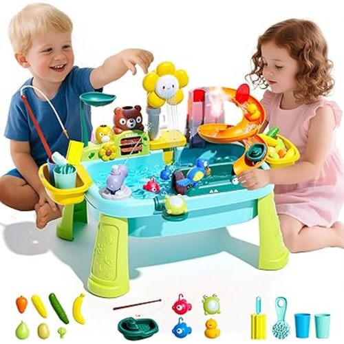 Ploomi Upgraded Toddler Sand Water Table Toy with Electric Water Pump, Kids Sand Water with Faucet/Play Food Accessories/Fishing Toy, Kitchen Play Sink Toys for Girl Boy Age 3+ (Light-Blue)