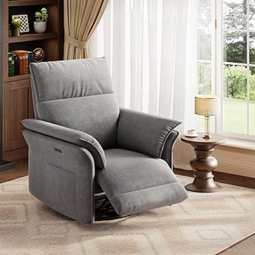 Power Recliner Chair with Side Pockets, 270° Swivel & Glider, USB Charging