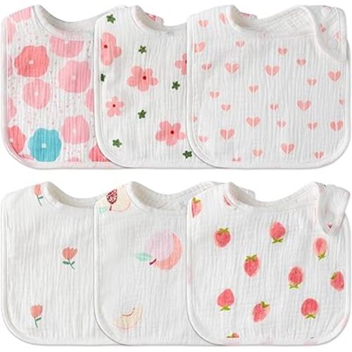 Zainpe 6Pcs Snap Muslin Cotton Baby Bibs Flowers Strawberry Patterns Infants Drooling Bib Soft Absorbent Adjustable Feeding Burp Cloths for Newborns Boy Girl Toddlers Teething Eating 0 to 36 Months