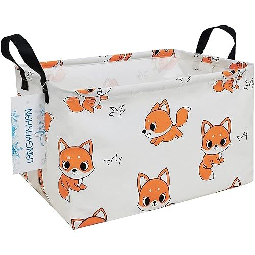 Rectangular Storage Bin Collapse Canvas Fabric Cartoon Storage Basket with Handles for Organizing Home Kitchen Boys and Girls Toys Office Closet Shelf Baskets(Rec Fox)