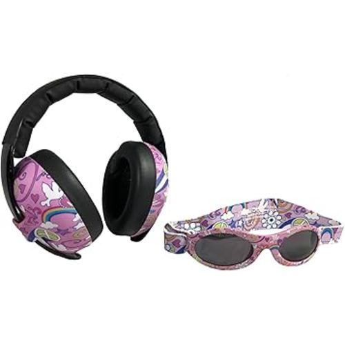 BANZ Baby Earmuffs Infant and Toddler Hearing Protection Headphones - Packaged Sunglasses Ages 0–2 Years – Ultimate Child Ear and Eye Protection – Stop Noise – Block Sun (Doodle Pink)
