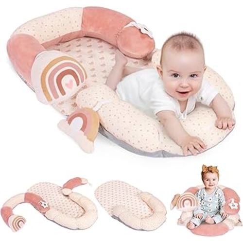 4 in 1 Tummy Time Mat & Seated Support Pillows, Play Mat, Sitting Support for Newborn 0-12 Months, Infant Baby Sit Me Up Floor Seat, Sensory Development Gifts Tummy Time Play Toys, Rainbow