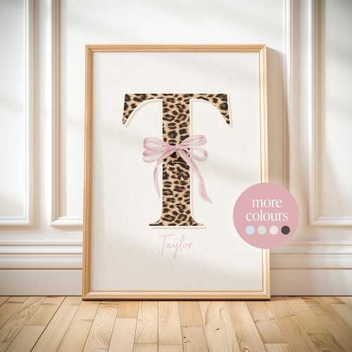 Custom name leopard print personalised letter bow poster nursery print gift for teen girl bedroom wall art girly dorm decor initial sign
