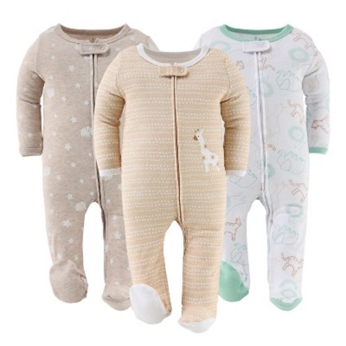 The Peanutshell 3pk Cotton Sleeper Set for Baby Boy and Girl, Serene Safari, 3 Months