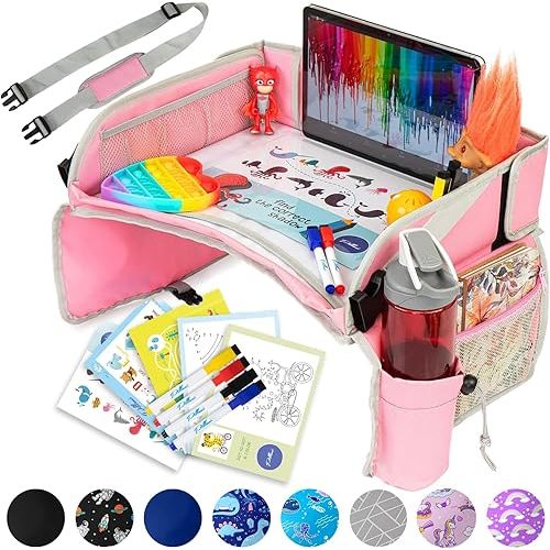 PILLANI Kids Travel Tray for Car - Car Seat Tray for Kids Travel, Road Trip Essentials, Carseat Table for Roadtrip Activities - Must Have Toddler Lap Desk Organizer for Airplane - Car Accessories
