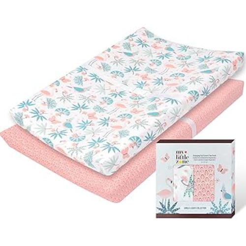 100% Cotton Changing Pad Cover for Baby Girls, Flamingo - Breathable Bassinet, Mini Crib Mattress Fitted Sheets - Jungle Leaves, 32"x16" with 8" Deep Pocket, White-Coral Pink, 2 Pack
