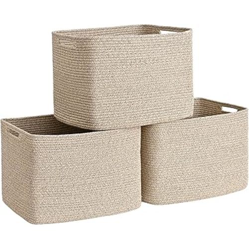 3 Pack Cube Storage Bin, 9”x9”x7” Cotton Rope Woven Baskets for Organizing Toys Clothes Towels, Square Gift Storage Baskets for Shelf, Nursery, Closet, Bathroom, Pantry (Jute)