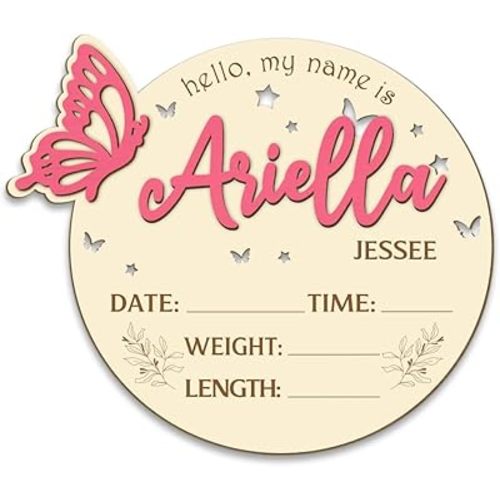 Personalised 3D Butterfly Wooden Birth Announcement Sign Photo Prop with Stats, Custom Baby Name Hospital Photo Prop, Many Sizes/Color/Font Options (Printed in USA - Ships Next Day)