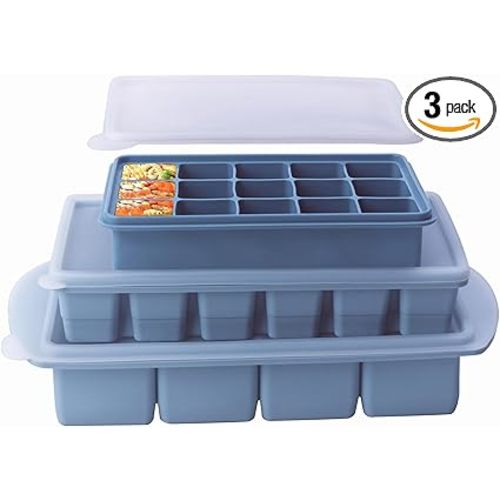 3-Pack Silicone Freezer Trays with Lid,4 Large 1-Cup(250ml)&6 Medium 1/2-Cup(125ml)&15 Small 2 Tbsp(30ml) Soup Freezer Container Molds,Ice Cube Tray For Meal Prep&Freezing Soup,Herbs (Blue 3 Pack)