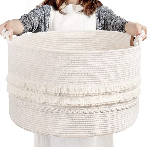 CherryNow Large White Woven Storage Basket, Boho Decorative Basket for Home Decor, Towel baskets for Bathroom, Bedroom, Living room, Baby Nursery Baskets for Clothes, Toys, Blankets, 22 x 14 inches