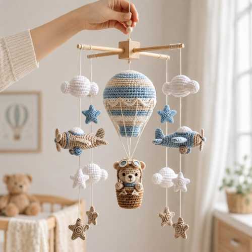 Crochet Hot Air Balloon Baby Mobile, Bear Pilot Airplane Crib Mobile, Aviation Nursery Decor, Baby Boy Shower Gift