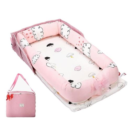 Baby Lounger for Newborns & Infants 0–24 Months, 100% Cotton Breathable Infant Support Cushion with Adjustable Size, Portable Baby Nest for Home and Travel, Baby Shower Gift (Rain Cloud)