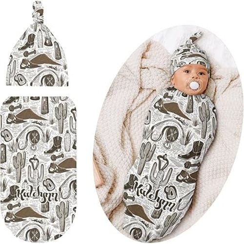 Newborn Swaddle Blankets Hat Cowboy Cactus Sets Soft Baby Receiving Blanket Swaddle Sack for Baby Shower Infant Boy Girl Gift