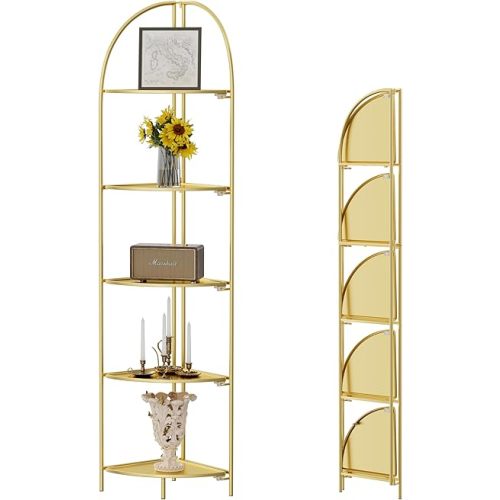 Crofy Foldable 5 Tier Corner Shelf, Metal Corner Plant Stand with Gold Frame and Gold Shelves, Corner Display Rack Multipurpose Shelving Unit for Living Room, Bedroom, Bathroom