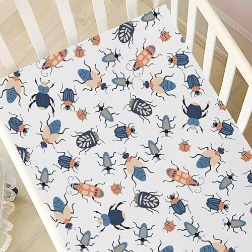VIGTRO Cute Baby Crib Sheets for Boys Girls, Bugs Insects Pattern Breathable Soft Fitted Crib Playard Sheets Baby Mattress Sheet, M 52x28x9in