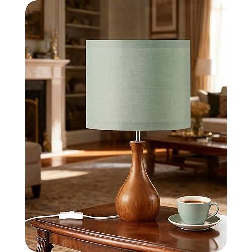 Small Table Lamp, 14.2" Wood Bedside Lamp, Little Cute Desk Lamp with Dark Wood Bottle-Shaped Base & Beige Linen Lampshade, Nightstand Lamp for Bedroom, Small Space, E26 Socket, LE09TL05