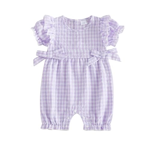 Baby Girl Bubble Romper Newborn Infant Ruffle Short Sleeve Toddler Plaid Jumpsuit Summer Outfit Cute Clothes