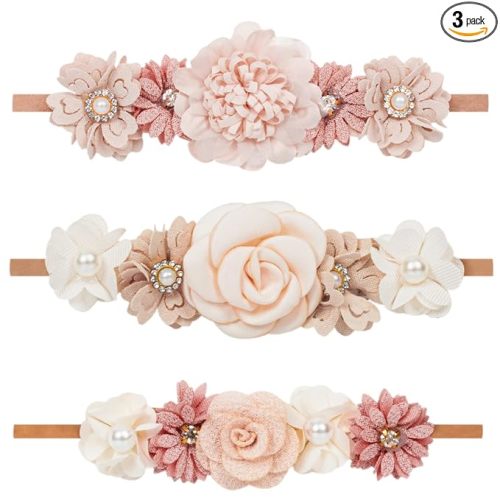 XuoAz Baby Girls Floral Headbands Set-Flower Crown Elastic Hairband for Newborn Toddler Hair Accessories (Pack of 3)