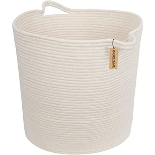 INDRESSME Large Cotton Rope Storage Basket - Woven Toys Basket Nursery Storage Hamper Baby Laundry Bins with Handle for Diaper Home Decor Warm White, 16.0"x 15.0"x12.6"