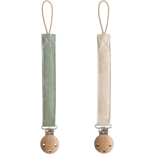 mushie Linen Baby Pacifier Clip Holder | Soft Fabric Strap, 2-Pack (Olive/Shifting Sand)