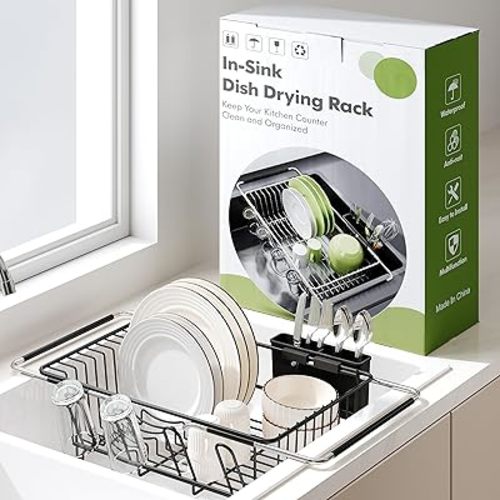 Over the Sink Expandable Dish Drainer Drying Rack In Stainless Steel for Small Kitchen, Counter Space Saving Modern Compact Metal Above Plate Dryer Strainer, Adjustable Hanging Inside Drain Holder