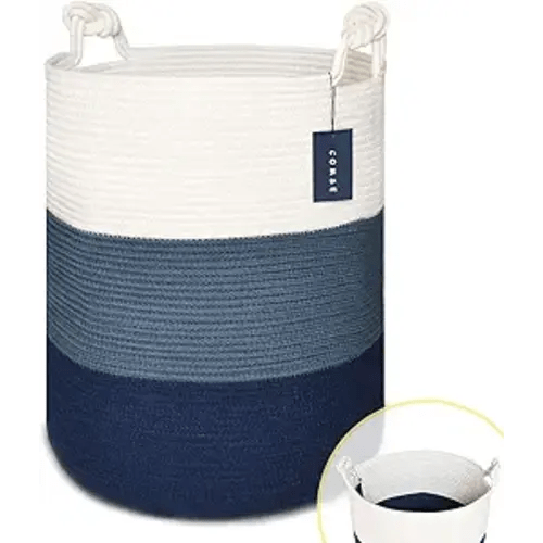 COMSE Extra Large Blanket Basket, Tall Woven Storage Basket, Nursery Hamper, 15.7”x 21.7”, Cotton Rope Laundry Hamper for Toys Clothes Towels, White/Cadet Blue/Navy Blue