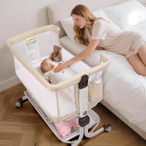 Baby Bassinet Bedside Sleeper, Upgraded Stability Bedside Crib with Full Mesh Sides, Soft Sheet, 6-Height Adjustment, Storage Basket, Easy Folding Portable Bassinet for Newborns, Beige